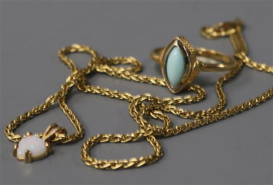 A 10K gold and opal pendant on 18ct gold chain and an 18ct gold turquoise-set small ring.